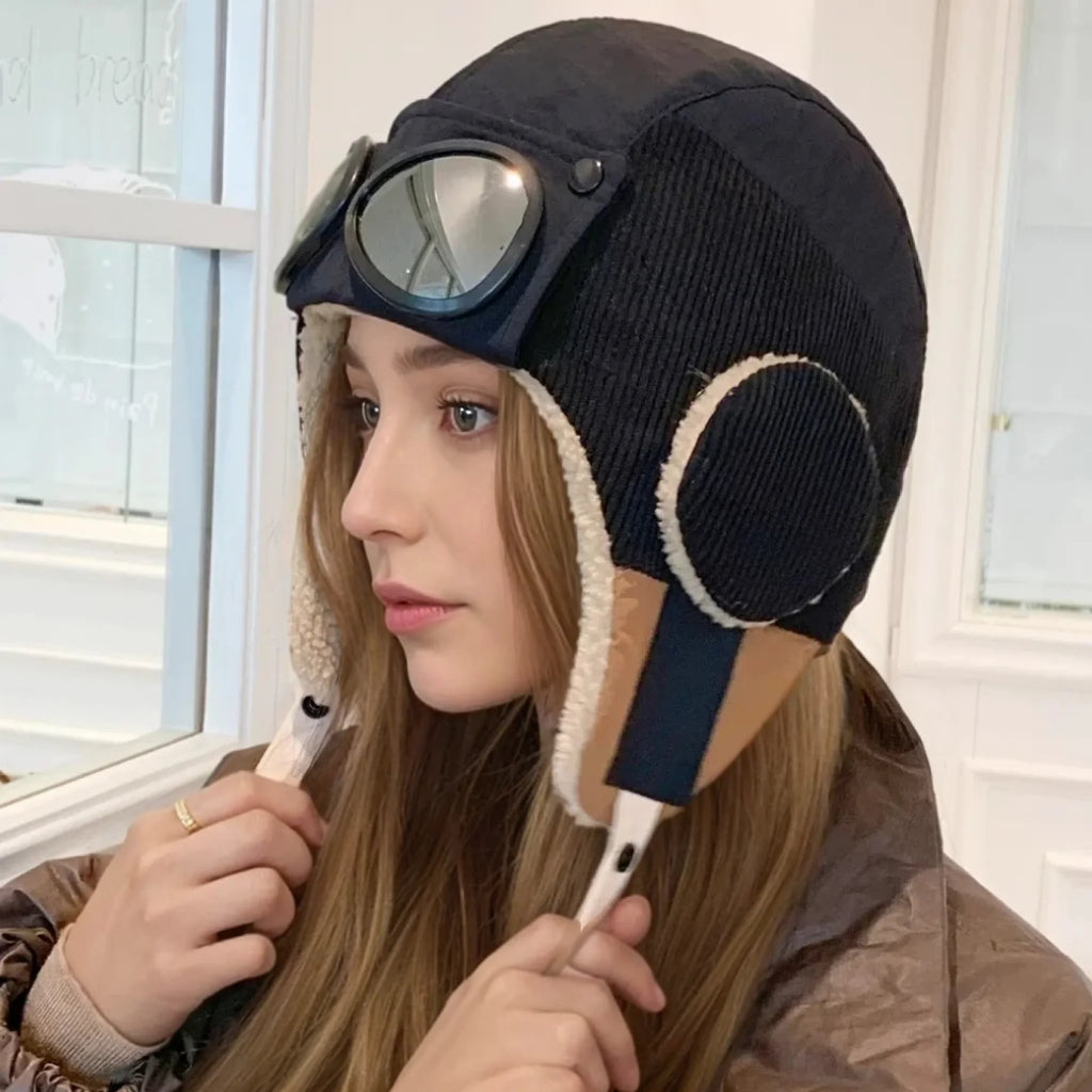 Hot Sale Women Warm Bomber Hats With Goggles Plush Fur Winter Hat With Earflap Winter Chic Cap