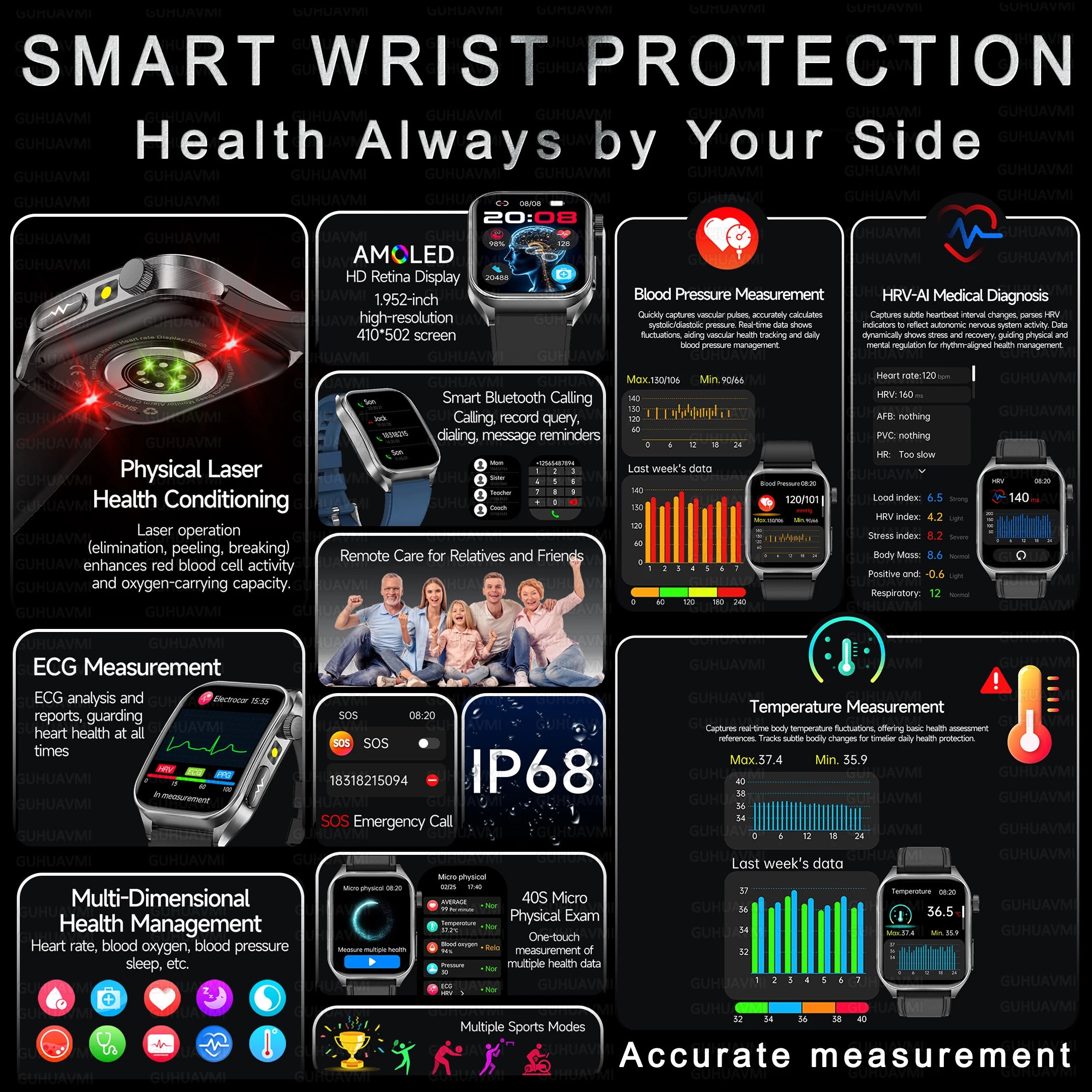 2026New Laser Therapy Care SmartWatch ECG Health Monitor Blood Lipids Uric Acid Heart Rate Tracking Fitness Smartwatch Men Women