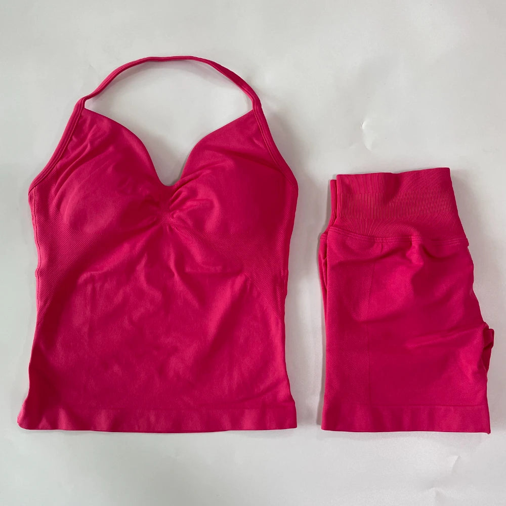 No Logo 2Pcs Gym Set Women Backless Tank Tops High Waist Scrunch Seamless Shorts Gym Suit Fitness Clothes Activewear Workout Set
