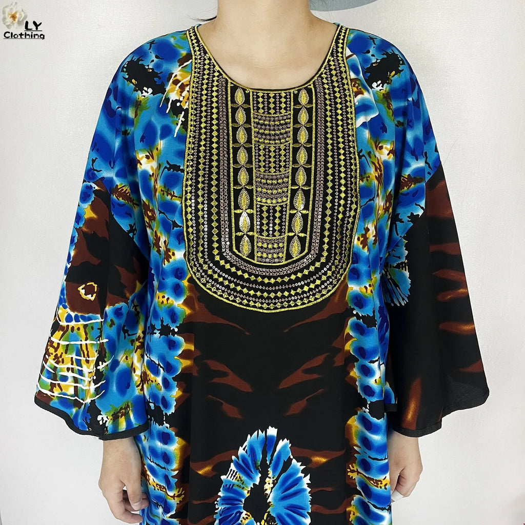2026 New Summer Dress Bat Sleeve Casual Fashion Dress Embroidered Round Neck Cotton Women Long Maxi Loose Abaya African Vestidos