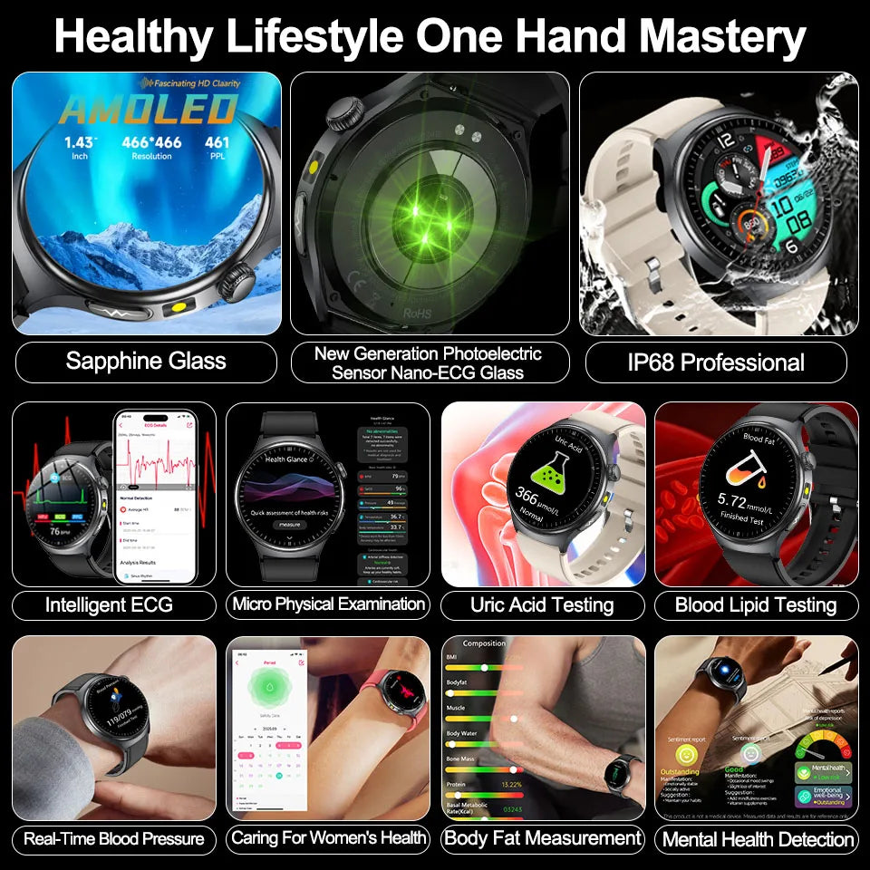 2026 New Health Sport ECG AI Diagnosis Smart Watches Men Heart Rate Blood Pressure IP68 Waterproof Smartwatches For Men Women