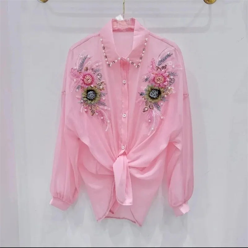 Heavy Industry Three-Dimensional Flower Sunscreen Shirt Female Heavy Industry Slim Short Shirt Spring Summer New Loose Top