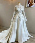White Luxury Bridal Dress Muslim High-Neck Beaded Sequinned Long-Sleeved Henna Dubai A-Line Kaftan Wedding Gown Customized
