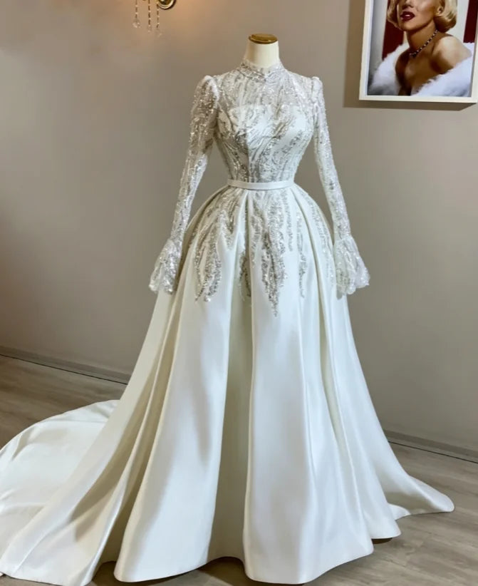 White Luxury Bridal Dress Muslim High-Neck Beaded Sequinned Long-Sleeved Henna Dubai A-Line Kaftan Wedding Gown Customized