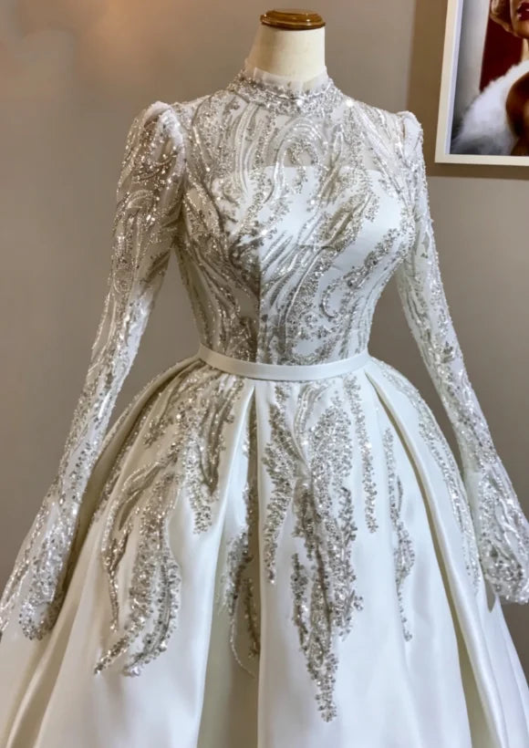 White Luxury Bridal Dress Muslim High-Neck Beaded Sequinned Long-Sleeved Henna Dubai A-Line Kaftan Wedding Gown Customized