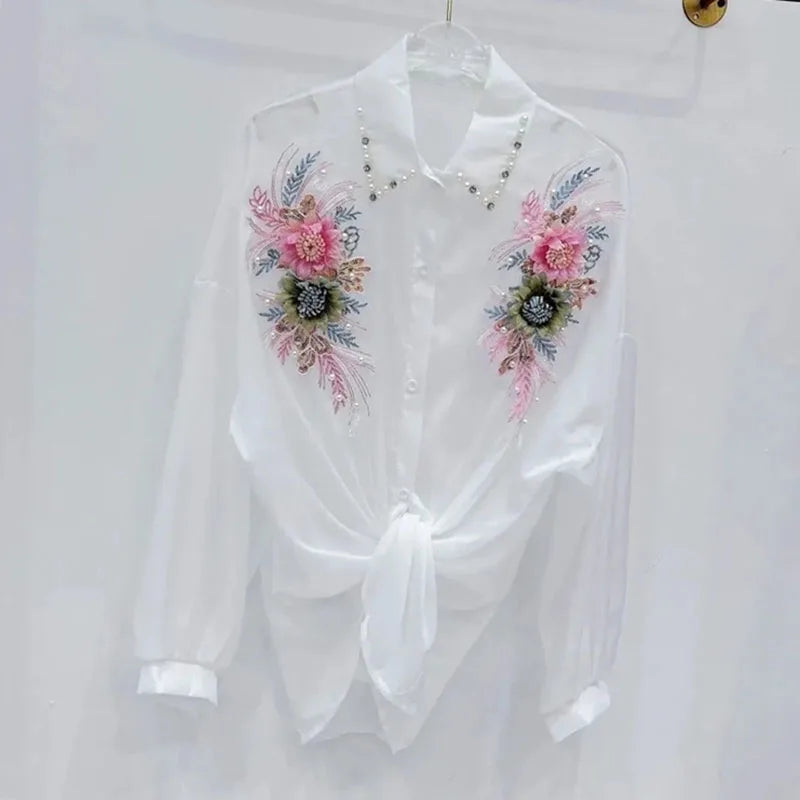 Heavy Industry Three-Dimensional Flower Sunscreen Shirt Female Heavy Industry Slim Short Shirt Spring Summer New Loose Top