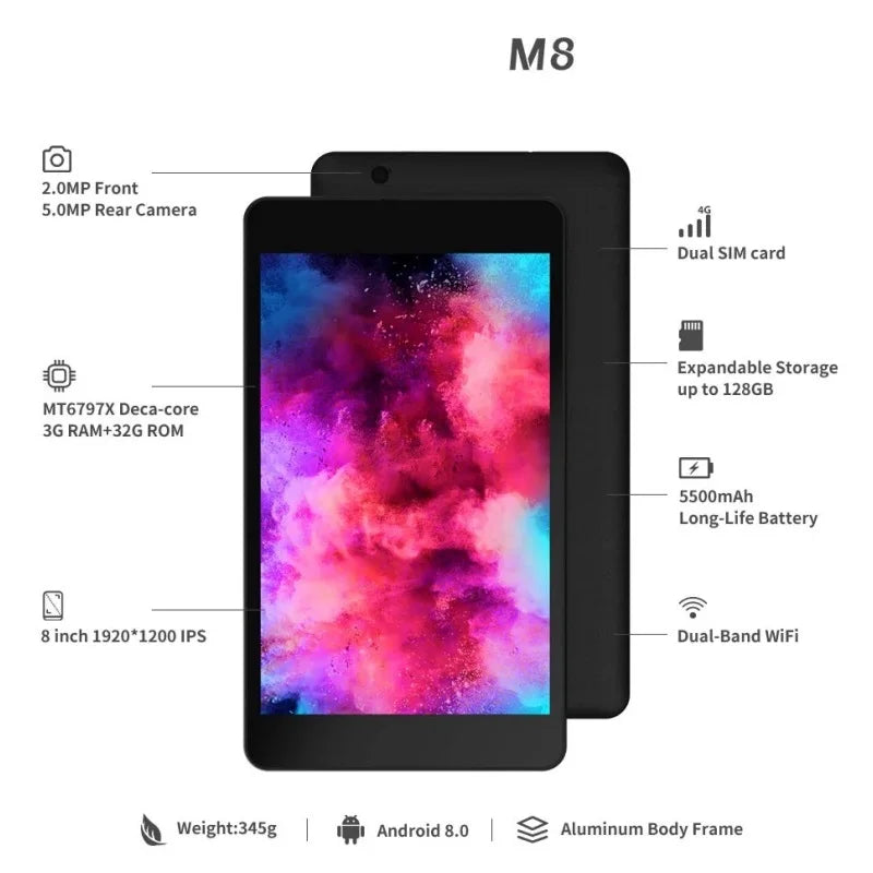 Hot Sales 8 Inch 4G Phone Call Android 8.0 Tablet 3GB RAM 32GB ROM 10-Core MTK6797 1920x1200 Pixels GPS 2*SIM Card