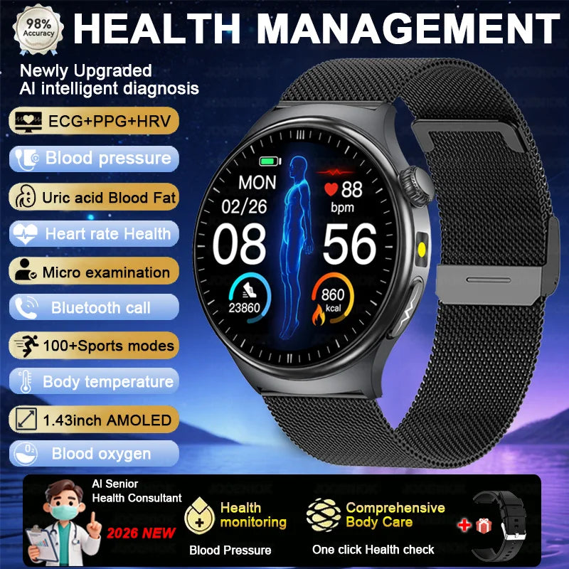 2026 Fashion New Expert level Health Smart Watch Men ECG+PPG Laser Monitor Uric Acid Blood Fat Blood Pressure HD Call Smartwatch