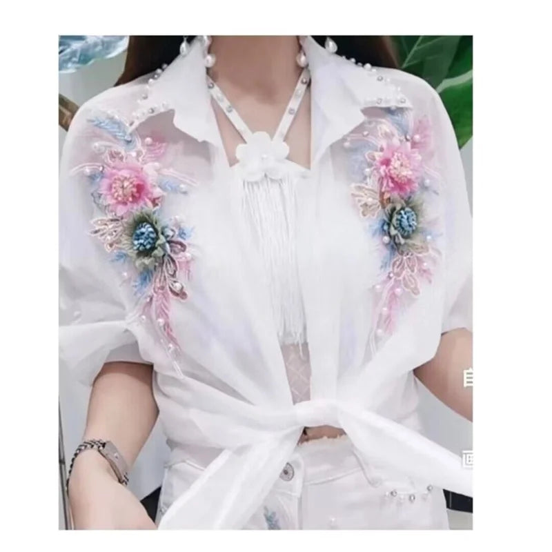Heavy Industry Three-Dimensional Flower Sunscreen Shirt Female Heavy Industry Slim Short Shirt Spring Summer New Loose Top
