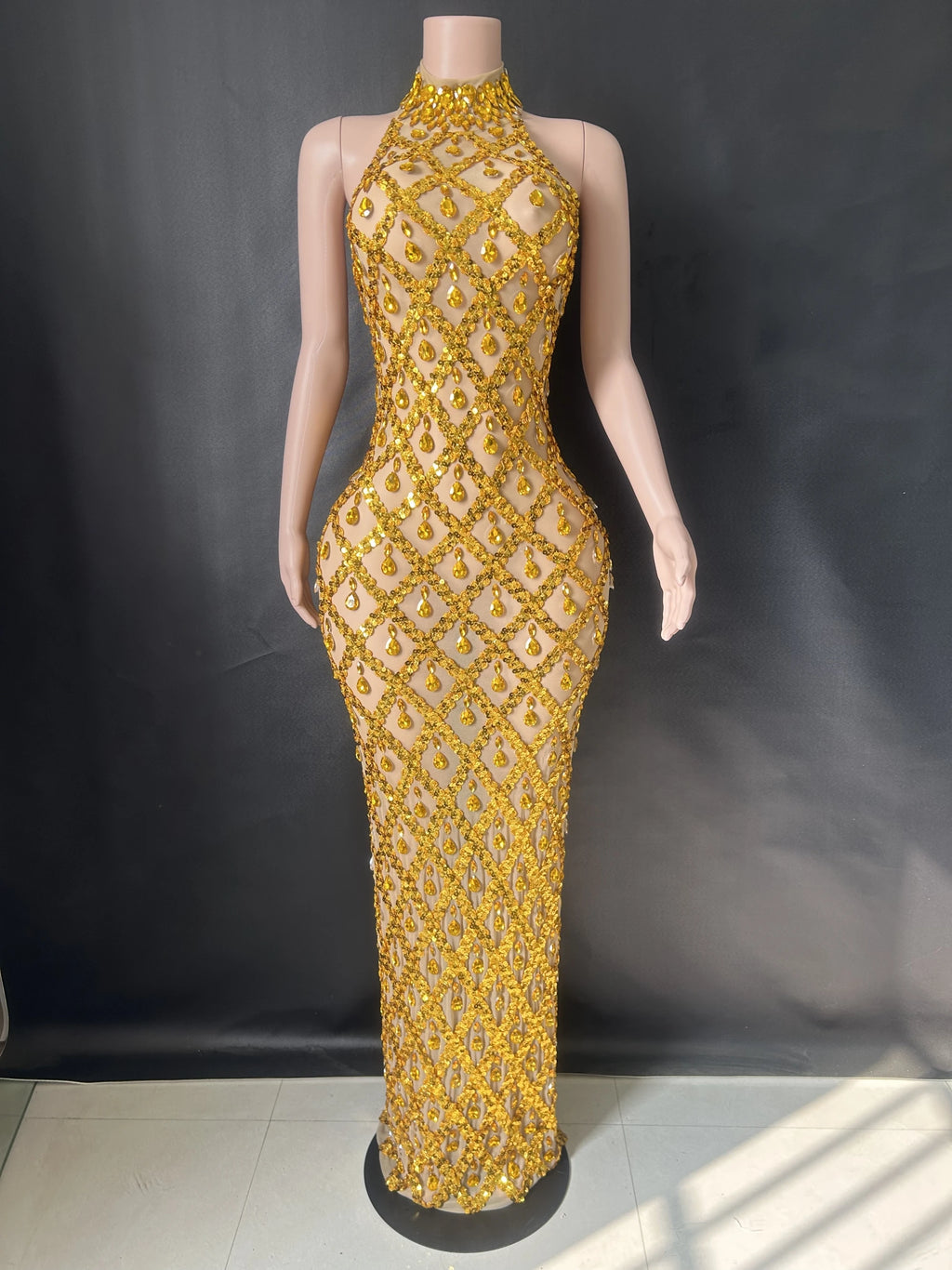 Women Sexy Stage Shining Rhinestone Sequins Dress Evening Prom Birthday Dress Transparent Performance Singer Club Host Dress  7G