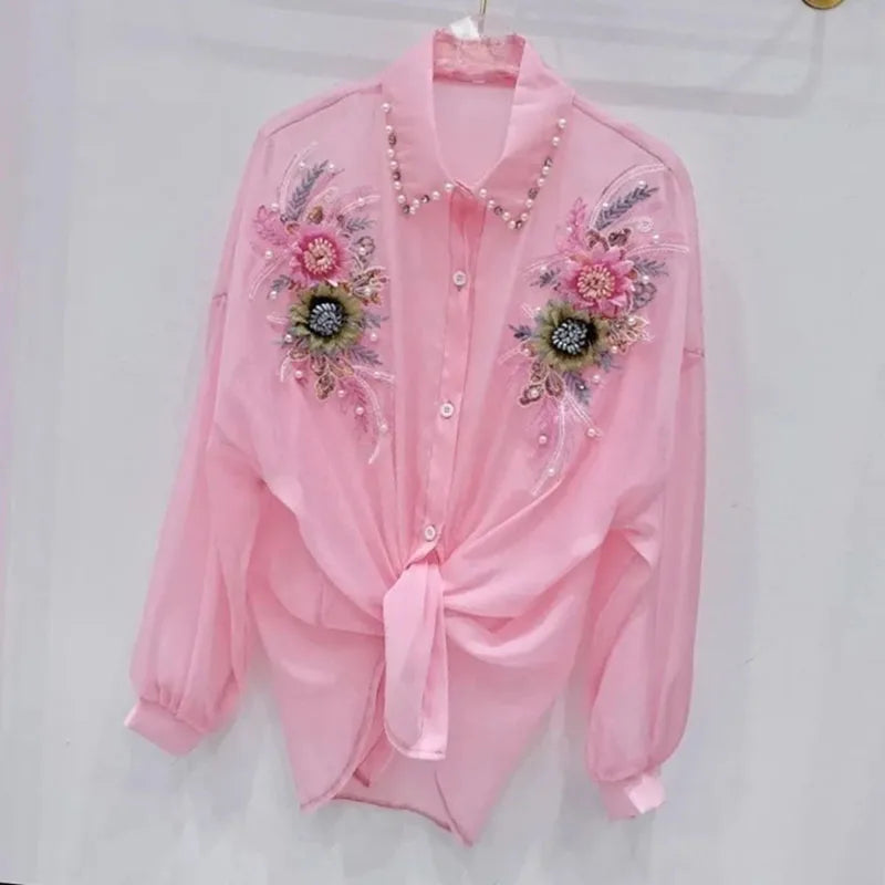 Heavy Industry Three-Dimensional Flower Sunscreen Shirt Female Heavy Industry Slim Short Shirt Spring Summer New Loose Top